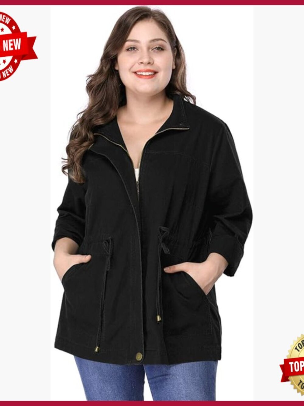 Plus Size Lightweight Anorak Jacket with Drawstring Waist and Pockets